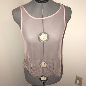 Hand-made embroidered pink mesh tank